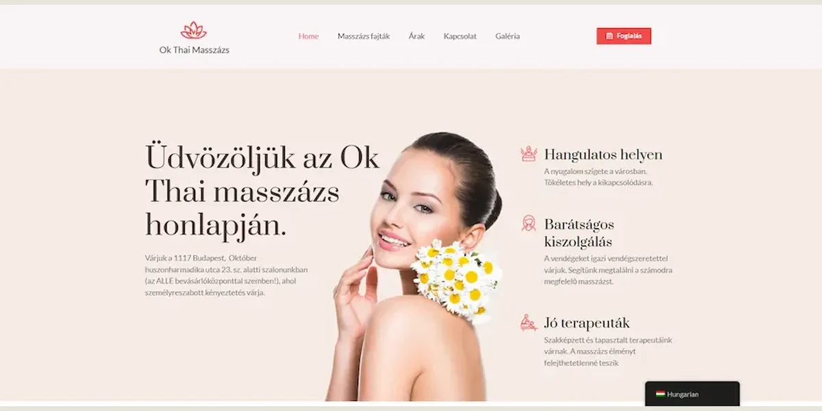 Az OK Thai Massage szalon bemutatkozó weboldala